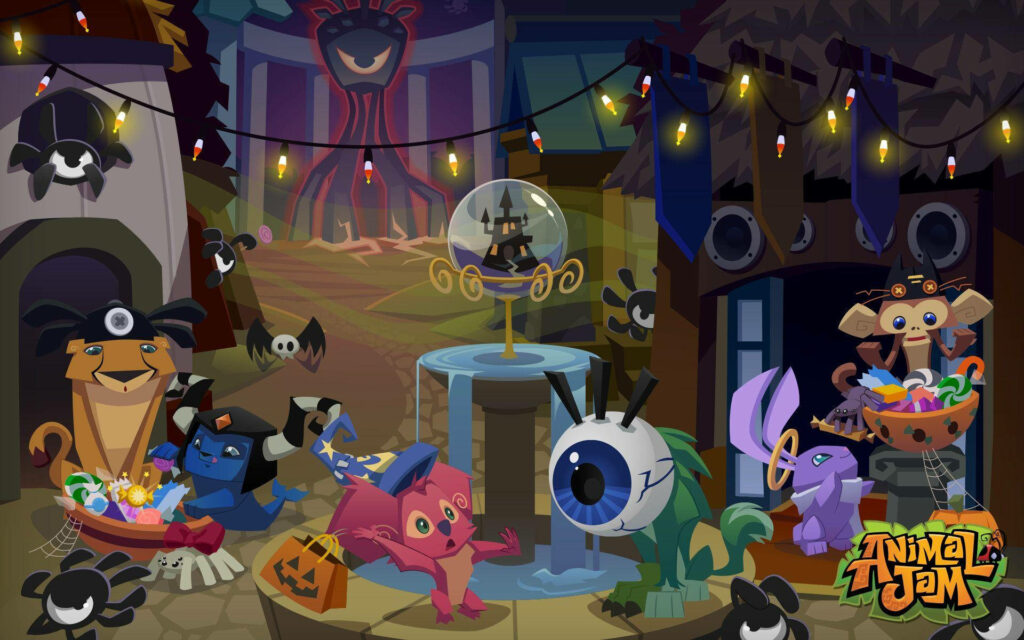 Animal Jam Halloween village with colorful animals around fountain festive decorations treats Wallpaper