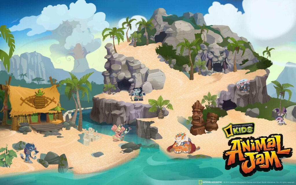 Animal Jam wallpaper with playful animals exploring sunny tropical island caves palm trees wooden hut
