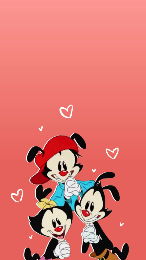 Animaniacs trio playfully posing on vibrant red gradient wallpaper with white heart accents