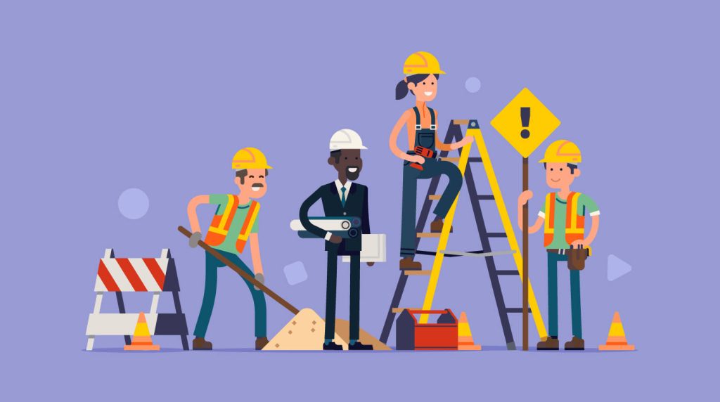 Animated construction wallpaper flat vector diverse team foreman blueprints safety gear cones