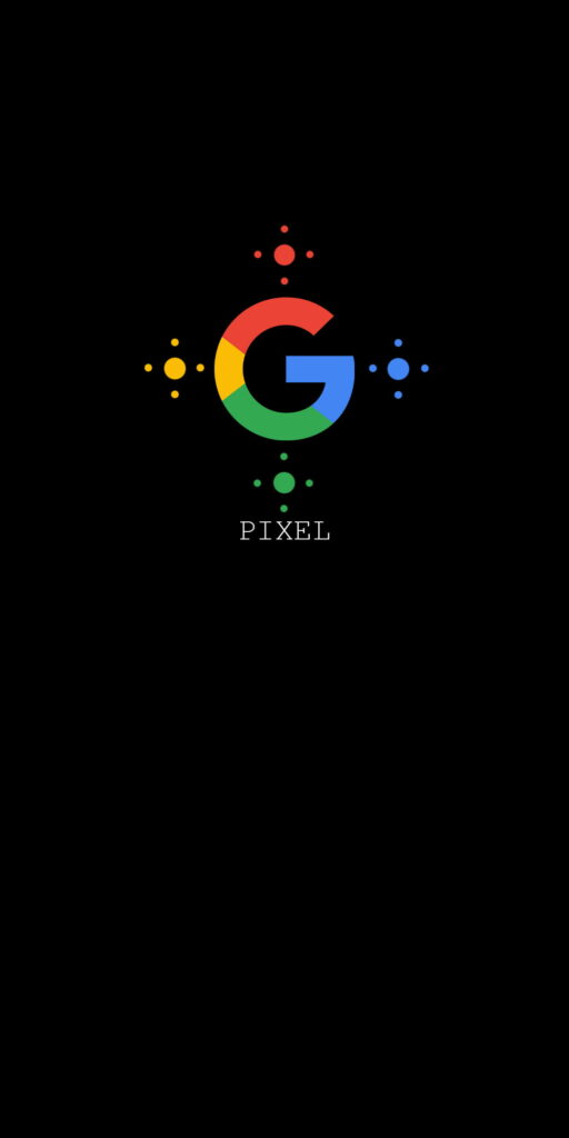 Minimalist Google Pixel wallpaper with multicolored G logo and PIXEL text on black background