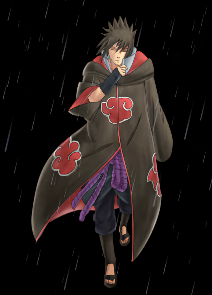 Animated Ninja in Rain Cloak with Red Clouds - Intense Wallpaper