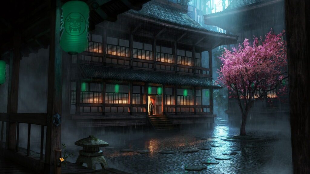 Serene Japanese anime courtyard with cherry blossoms rain and glowing lanterns at night Wallpaper