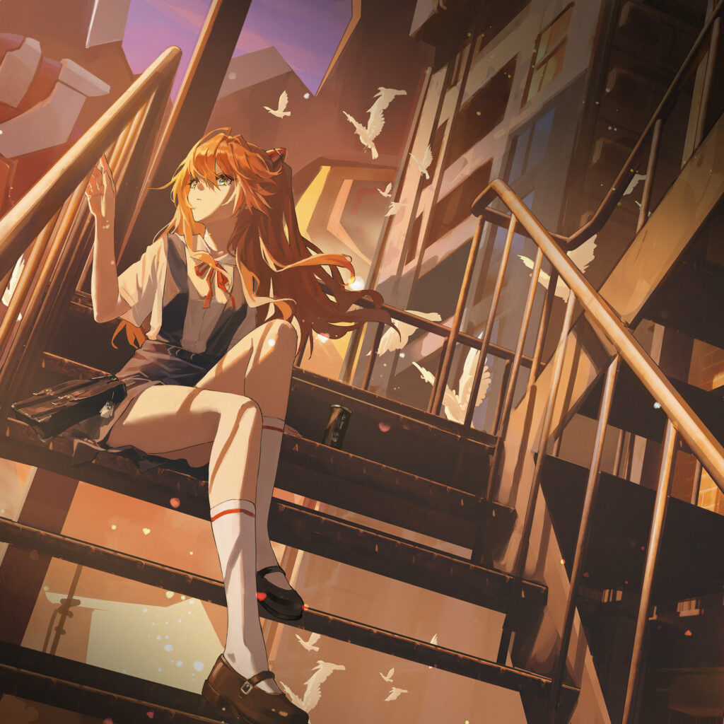 Asuka in School Uniform: Serene Anime Wallpaper for iPad Background