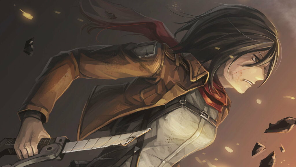 Elegant Anime Warrior: Mikasa Ackerman dons sleek black hair and a stylish scarf in this captivating HD wallpaper from Attack on Titan