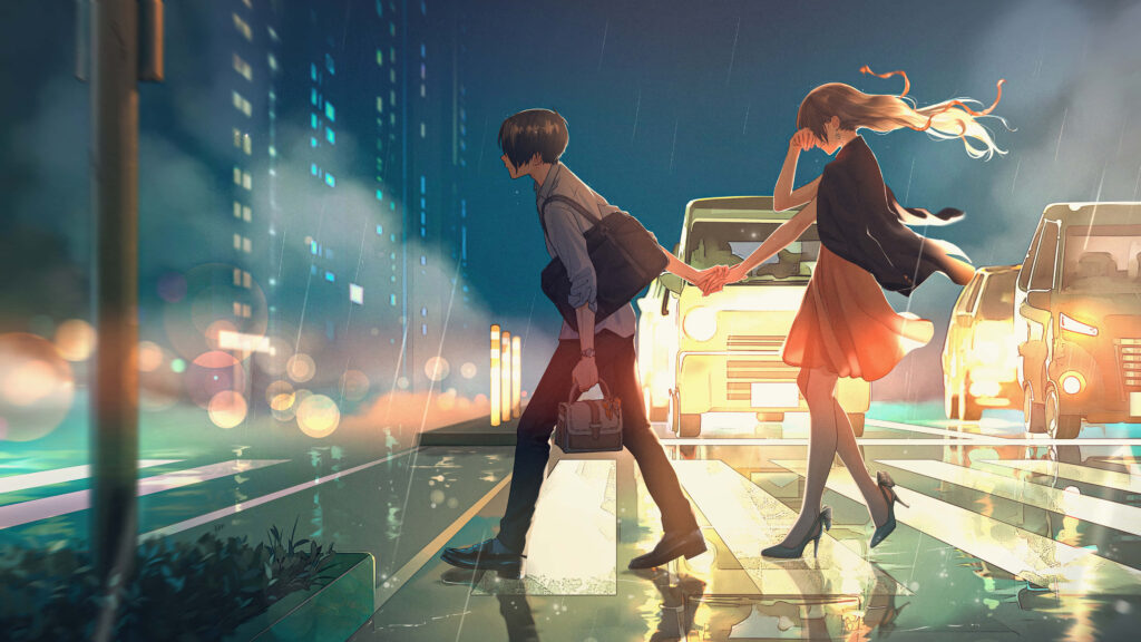 Whimsical Anime Romance: Enchanting Evening Stroll of Lovers on Pedestrian Crossing Wallpaper