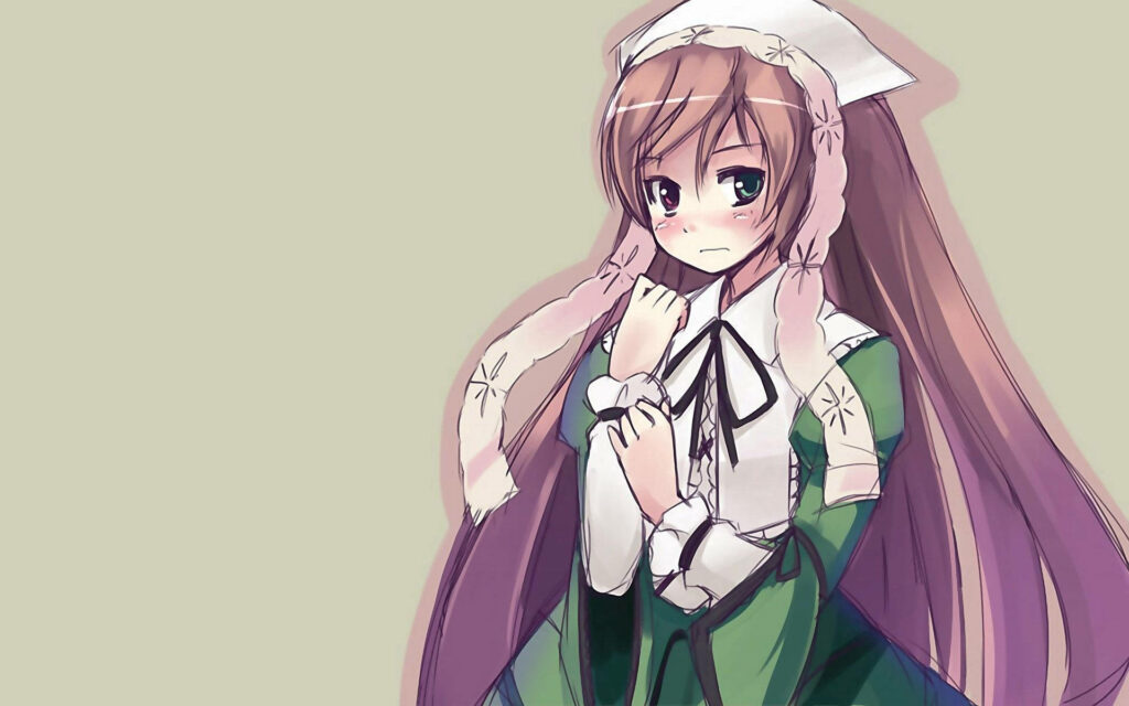 Anime Brunette Maid Wallpaper: Somber Mood in Green & White