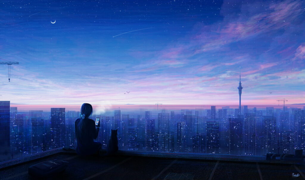 Nighttime Urban Anime: An Adorable Girl with Cat Captures the City's Essence on Her Phone Wallpaper