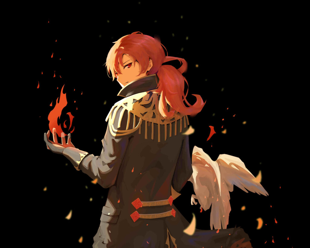 Diluc: Regal Anime Character with Flame on Dark Background Wallpaper