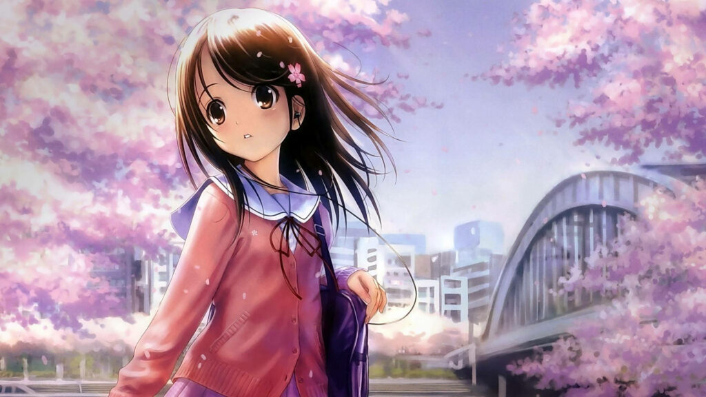 Serene Anime Wallpaper with Sakura Blossoms & Urban Bridge Scene