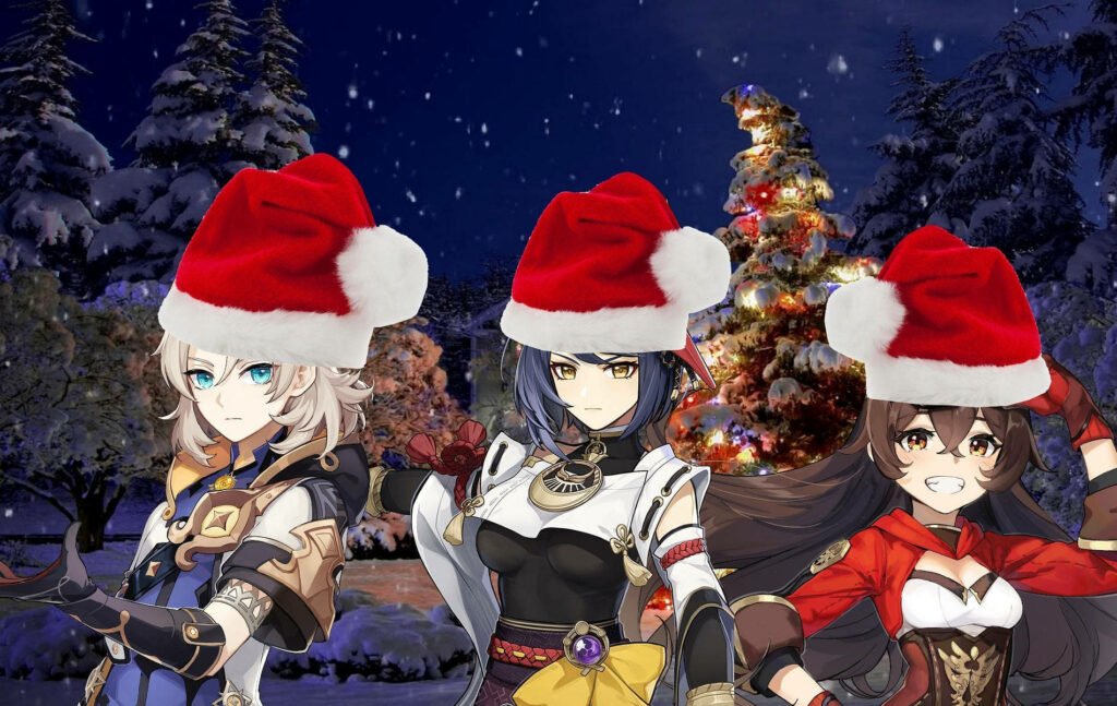 Festive Anime Wallpaper: Santa Hats & Holiday Christmas Tree Scene