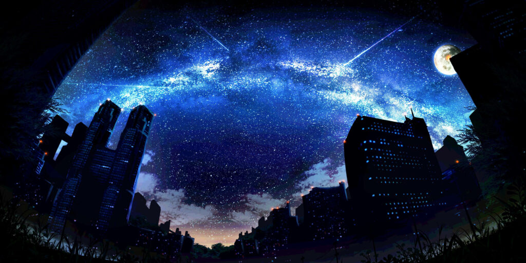 Immerse Yourself in the Enchanting Anime City: A Vibrant Cartoon Metropolis Set against a Mesmerizing Cosmic Sky Wallpaper