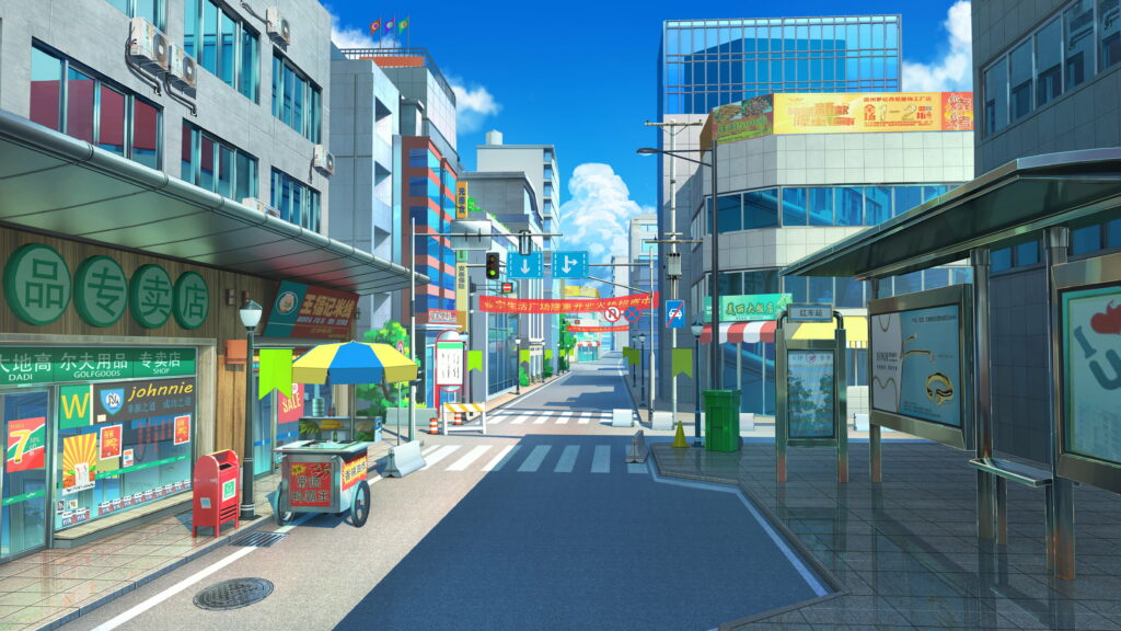 Strolling through an Anime Wonderland: Exploring the Vibrant Streets, Quirky Vendors, and Eclectic Shops of an Anime City - Featuring an Eye-catching Wallpaper Background Photo.