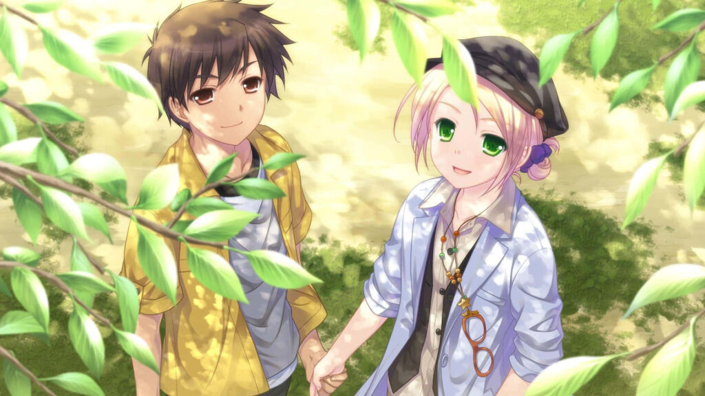 A Charming Anime Duo Embracing Nature: A Picture Perfect Profile Picture with a Brown-Haired Boy in a White Shirt and a Yellow Button Down, accompanied by a Pink-Haired Girl Sporting a Stylish Dark Hat – A Fabulous Outdoor Adventure! Wallpaper