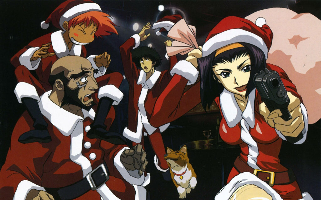 Festive Cowboy Bebop Wallpaper: Characters in Santa Outfits
