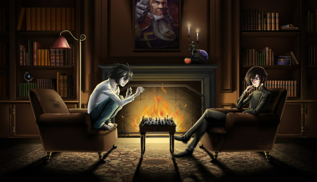 L Lawliet vs Lelouch Britannia anime clash intense chess game cozy firelit library wallpaper