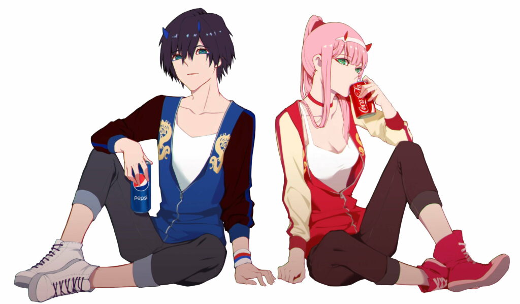 Anime Lovebirds: Zero Two and Hiro Enraptured by a Coca Cola Fantasy - Mesmerizing 4K Wallpaper Featuring Stunning Pink-haired Zero Two with Alluring Green Eyes Sipping a Can of Coke, While Hiro with His Classic Black Hair and Stylish Ponytail Watches Adoringly - From the Sensational Darling In The Franxx Series.