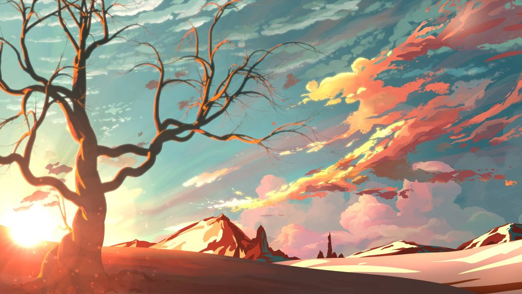 Anime-style desert sunset with lone gnarled tree silhouetted against vibrant sky and mountains Wallpaper
