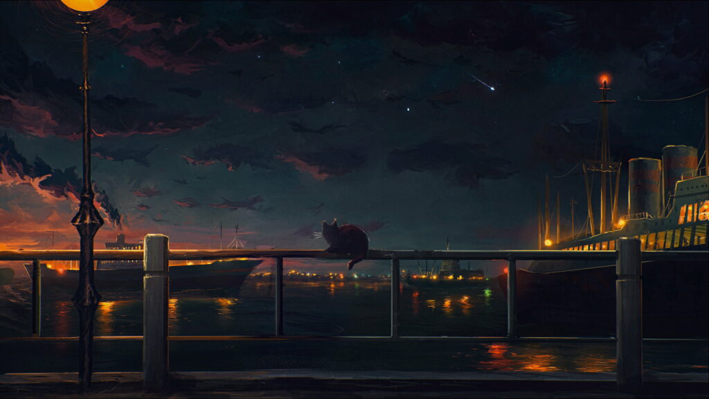 Starry Night Serenade: A Captivating Anime Scenery with a Graceful Cat and Illuminated Fence Wallpaper