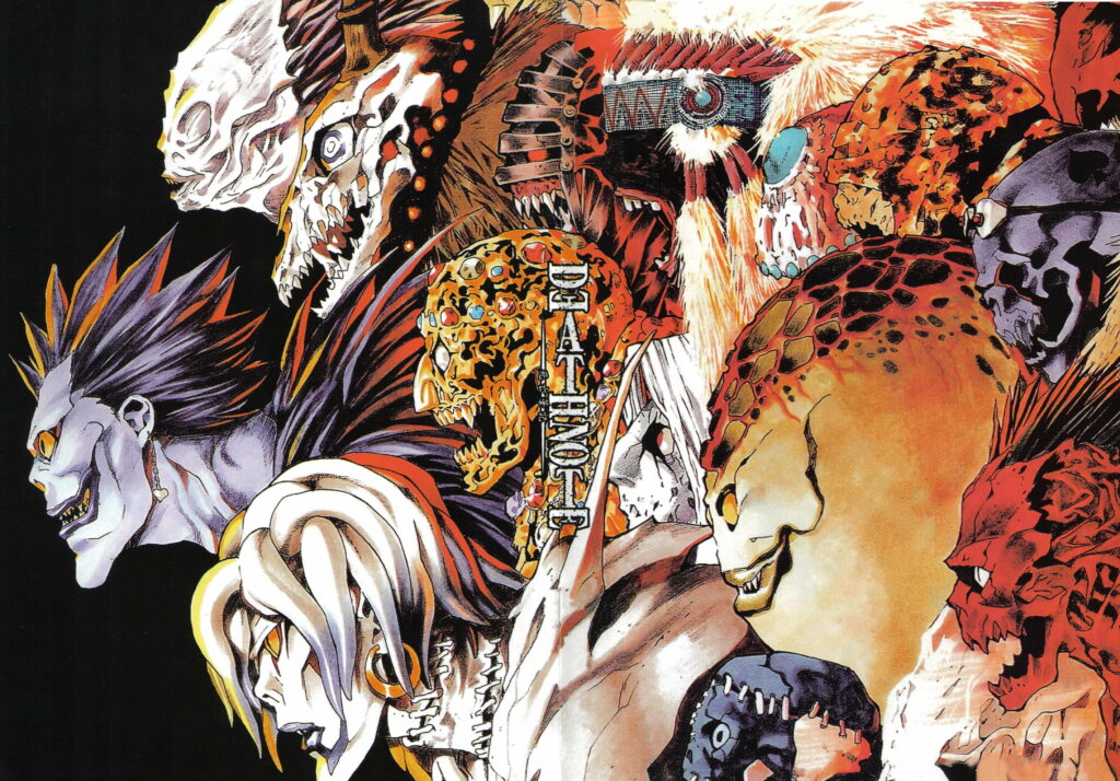 Death Note wallpaper featuring Ryuk Rem and Shinigami in detailed manga style vibrant eerie colors