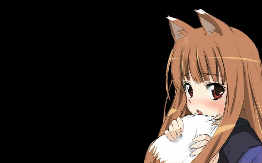 Shy Anime Character with Fox Ears and Tail on Minimal Black Wallpaper