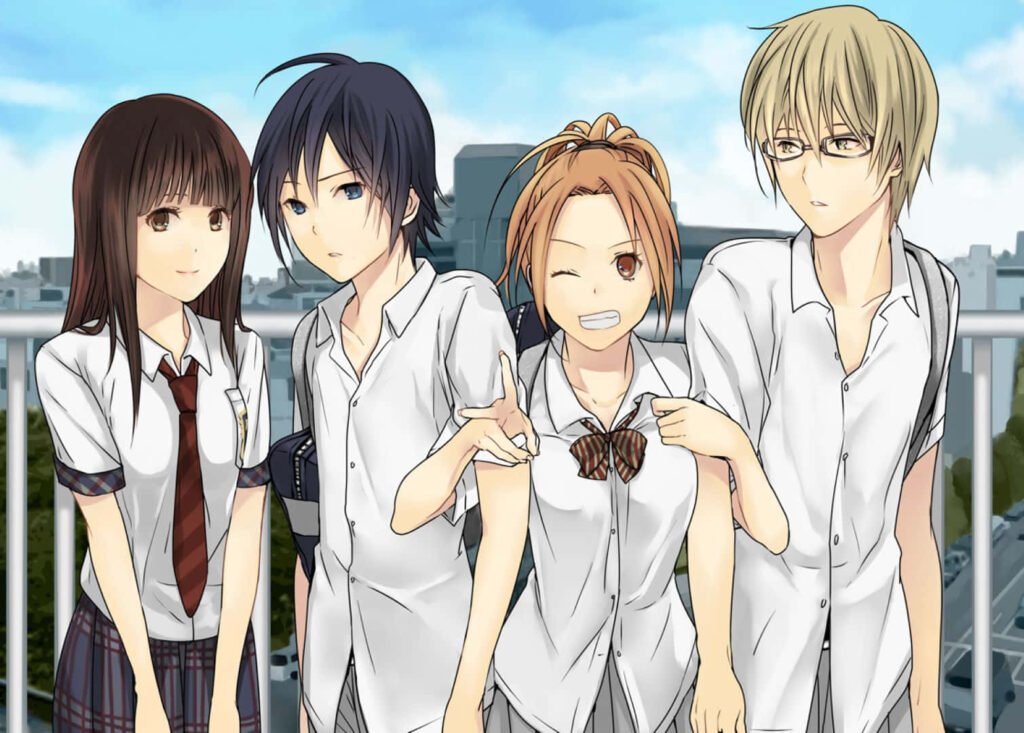 Anime friends including Akito Takagi on school rooftop enjoying sunny day in uniforms wallpaper