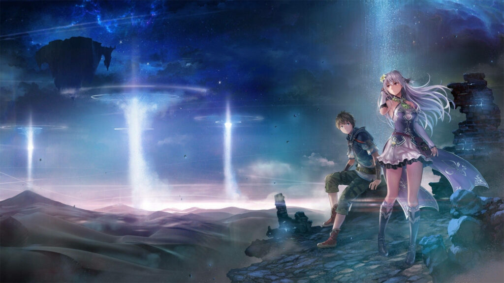 Fantastical Ordinal Strata Wallpaper with Animated Characters in Surreal Landscape