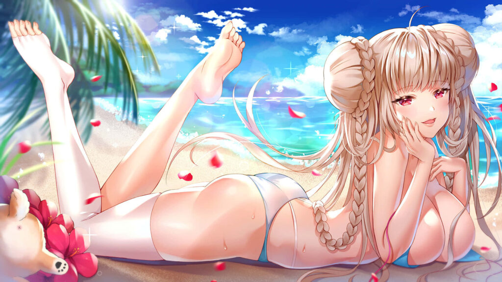 Anime girl with long light hair in blue bikini on tropical beach with palm leaves and rose petals Wallpaper