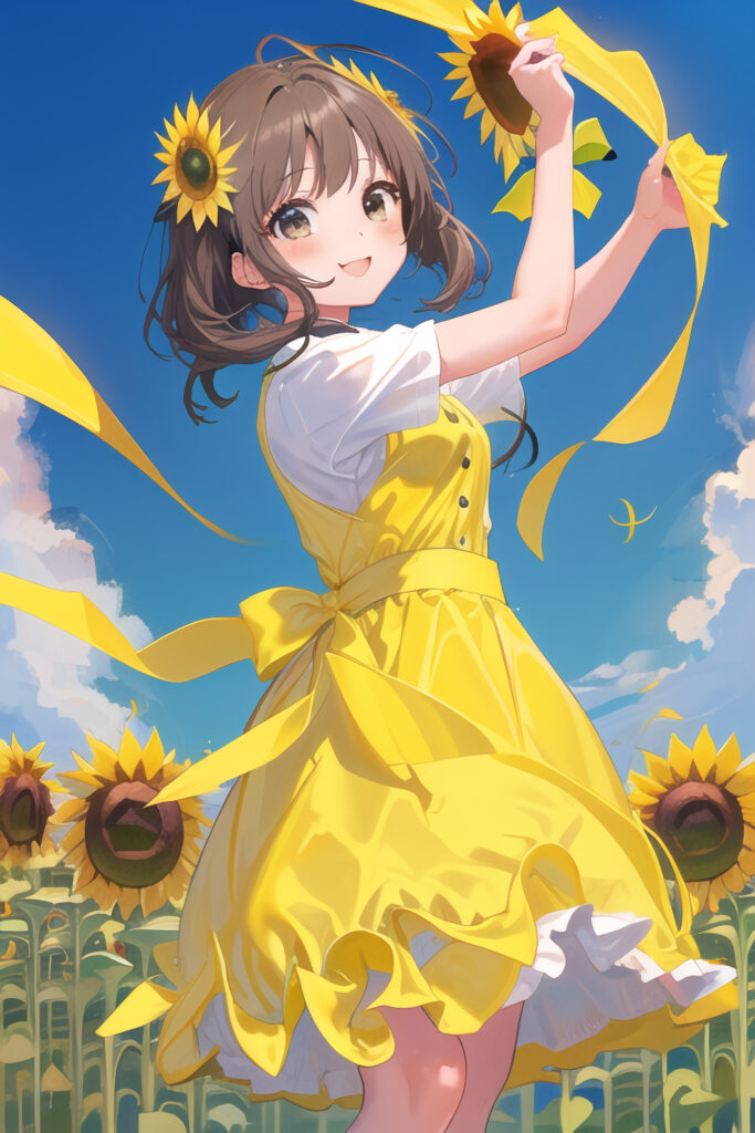 Anime Girl Dancing in Sunflower Field - Vibrant Yellow Wallpaper