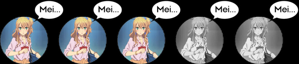 Anime Girl Mei: Vibrant to Grayscale Wallpaper Progression Design