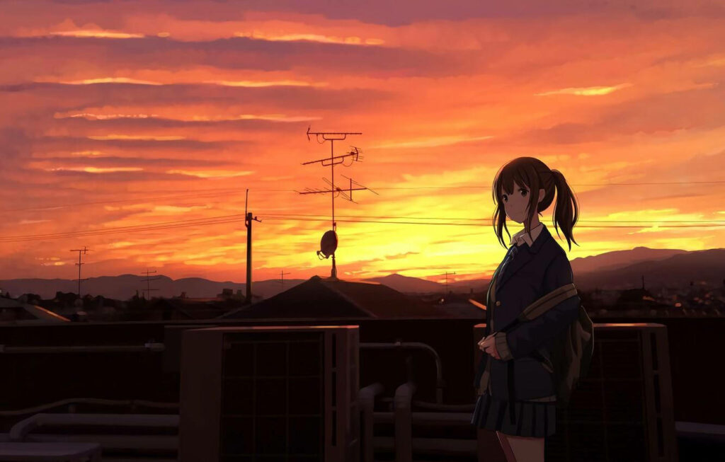 Anime Girl on Rooftop Sunset Wallpaper – Serene Aesthetic Background