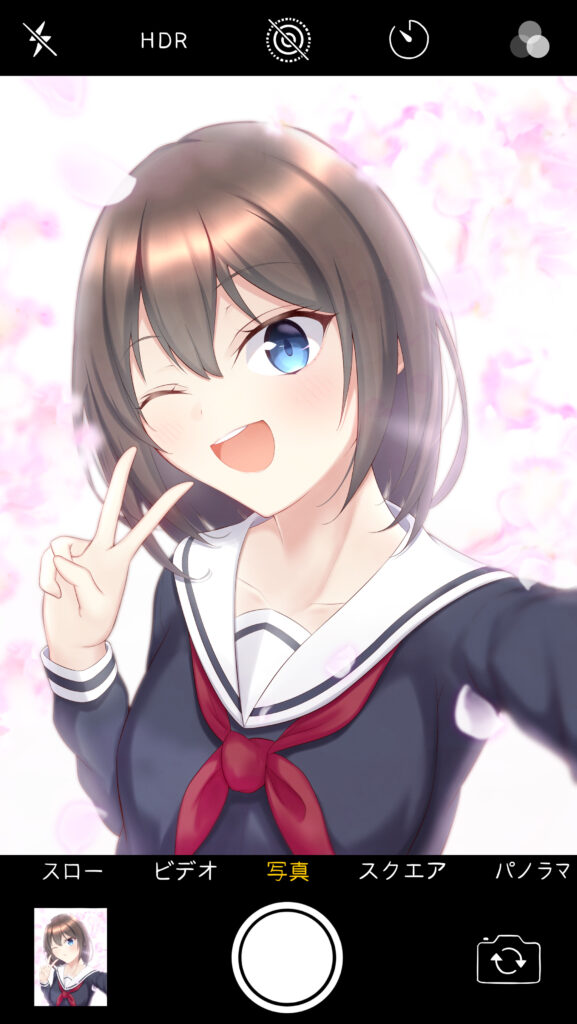 “Cheerful Anime Girl Selfie Wallpaper with Smartphone Interface”