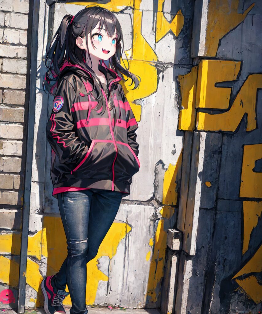 Anime Girl Smiling Against Colorful Graffiti Wall – Urban Style Wallpaper