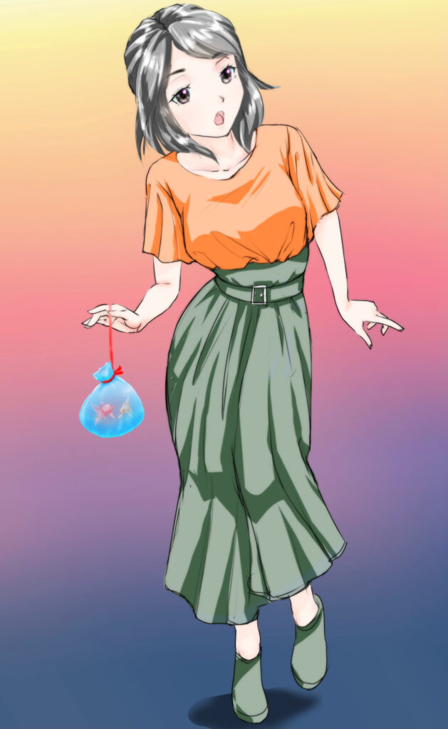 Anime Girl with Fish Bag on Colorful Gradient Wallpaper
