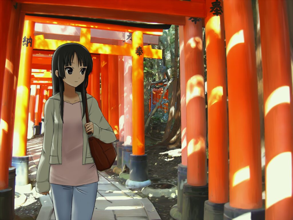 Serene Anime Girl Pathway with Vibrant Red Torii Gates Wallpaper