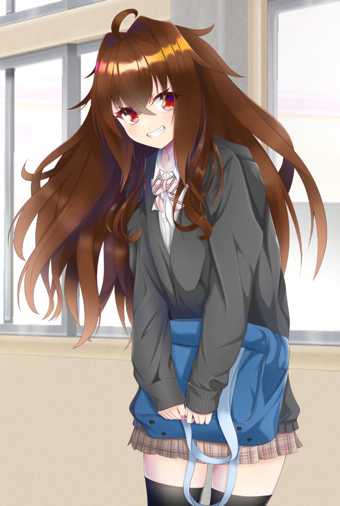 Anime Girl with Brown Hair & Red Eyes in Classic School Setting Wallpaper