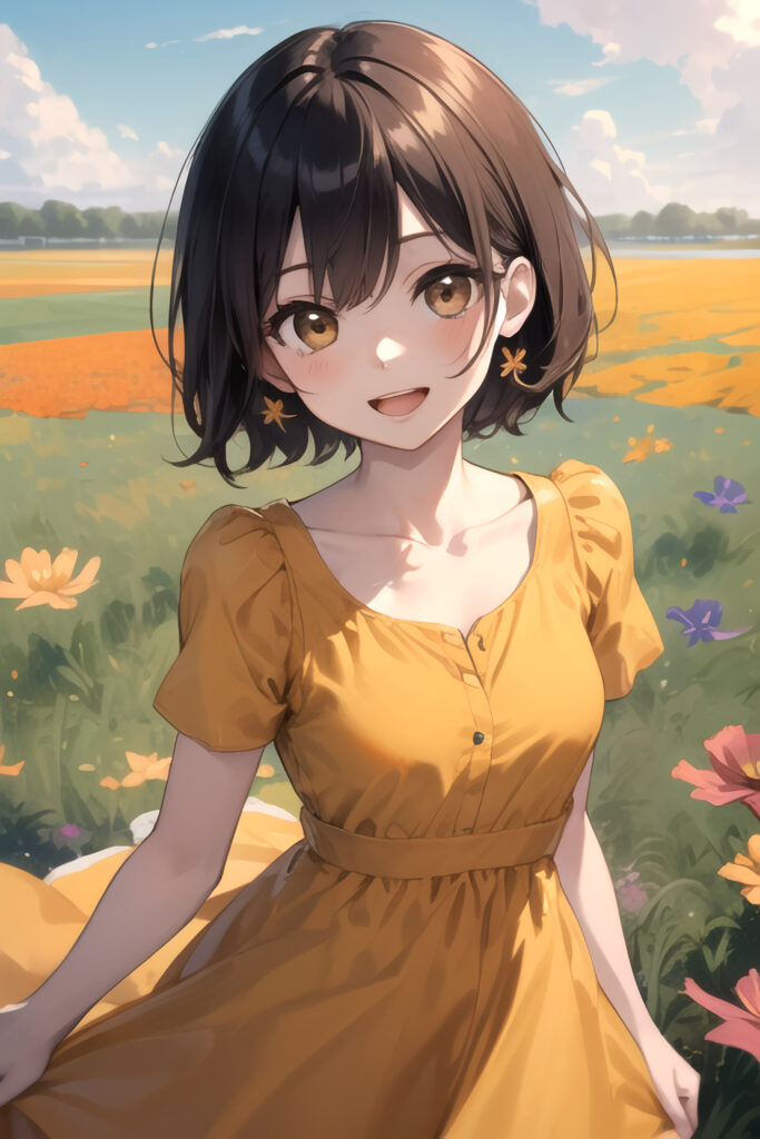 Cheerful Anime Girl in Floral Field | Bright Yellow Dress & Smile Wallpaper