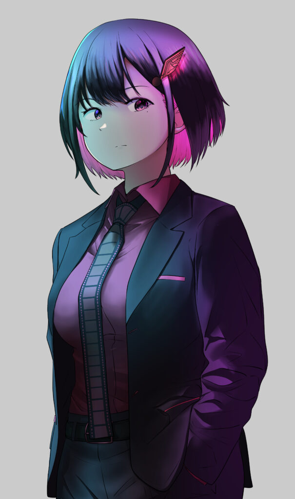 Anime Girl in Sleek Suit with Colorful Accessory - Confident Style Wallpaper