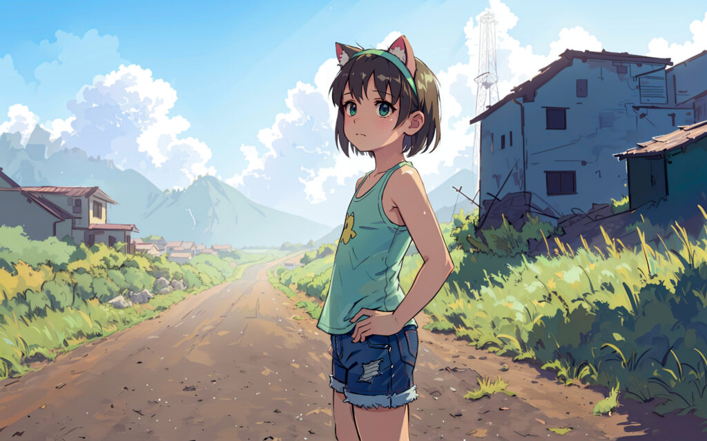 Anime Girl on Sunlit Trail | Vibrant Wallpaper in Serene Landscape