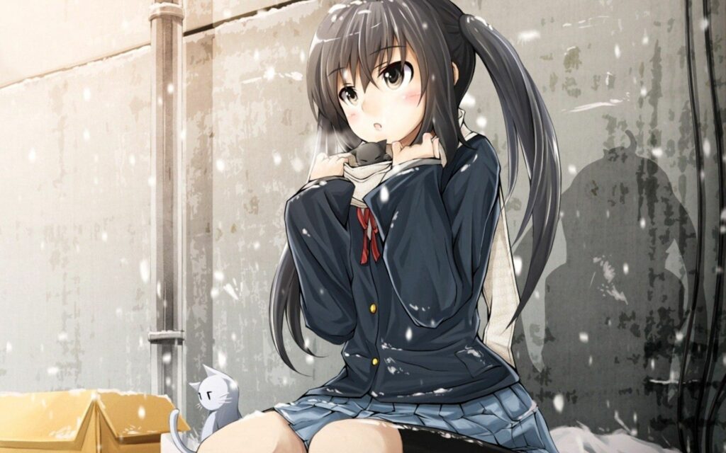 Contemplative Anime Girl in Pigtails with Snowflakes & Animal Companion Wallpaper
