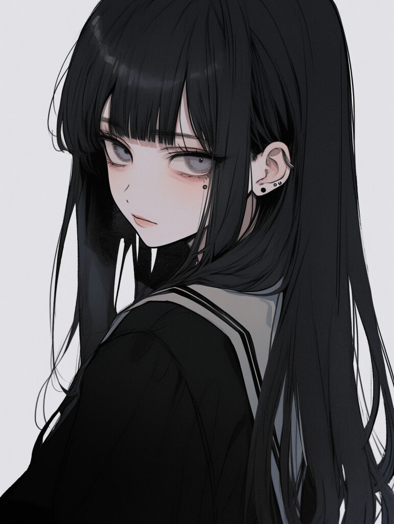 Anime Girl with Dark Hair in Black Dress - Mysterious Character Art Wallpaper