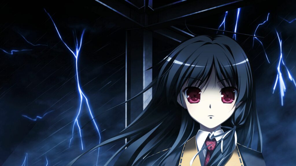 Anime Girl with Long Brunette Hair in Dramatic Lightning Scene Wallpaper