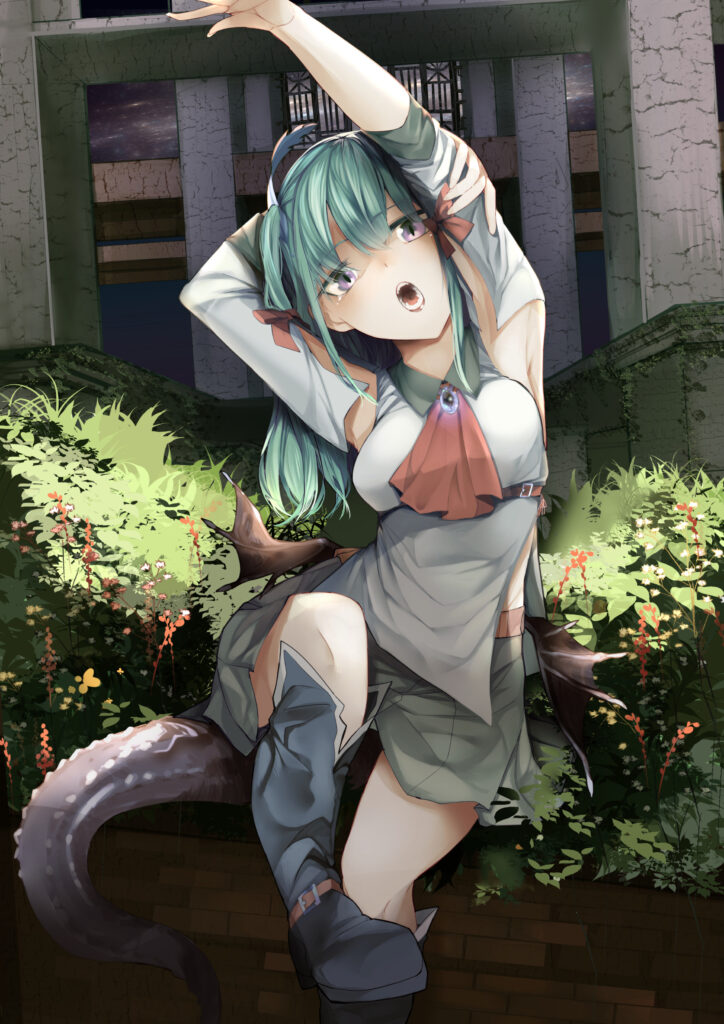 Dynamic Anime Girl with Teal Hair in Lush Garden Wallpaper