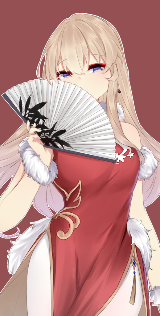 Elegant Anime Girl with Fan in Striking Red Outfit Wallpaper