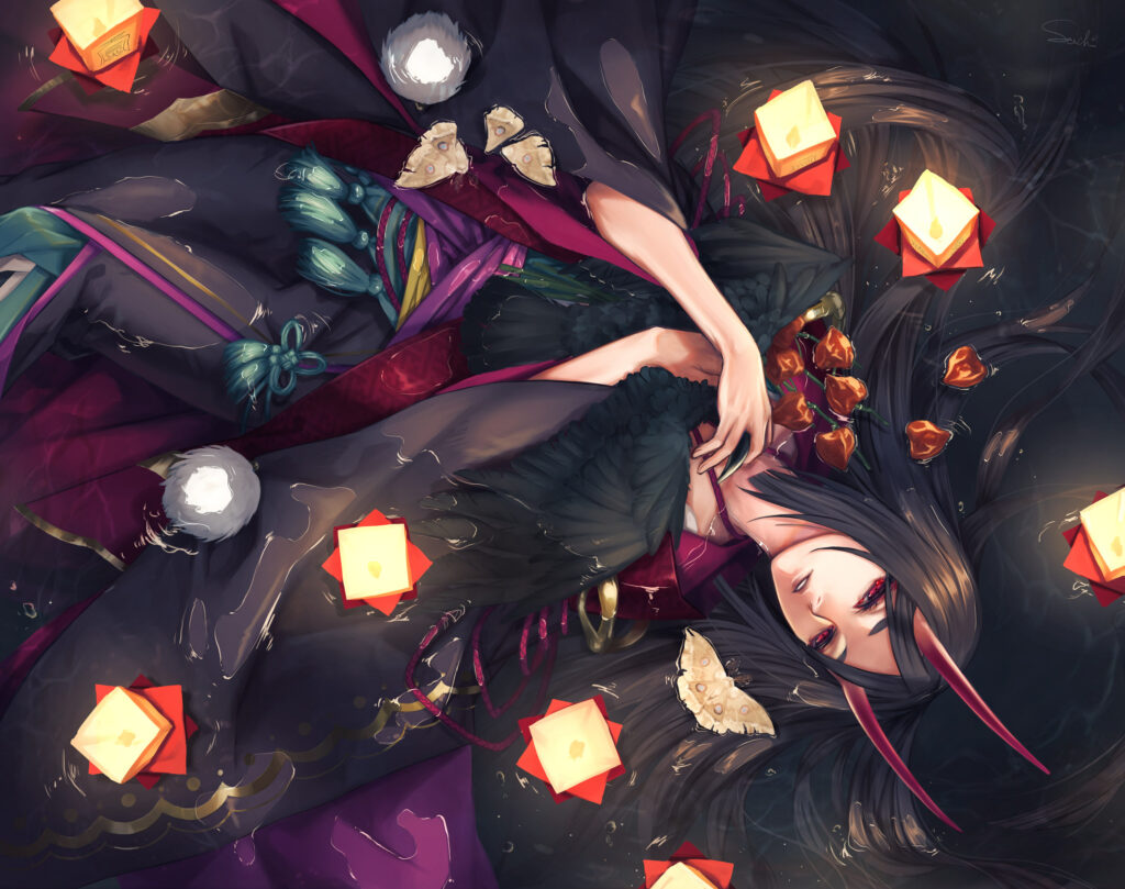 Anime Girl with Demon Horns Amidst Lanterns & Moths - Ethereal Wallpaper