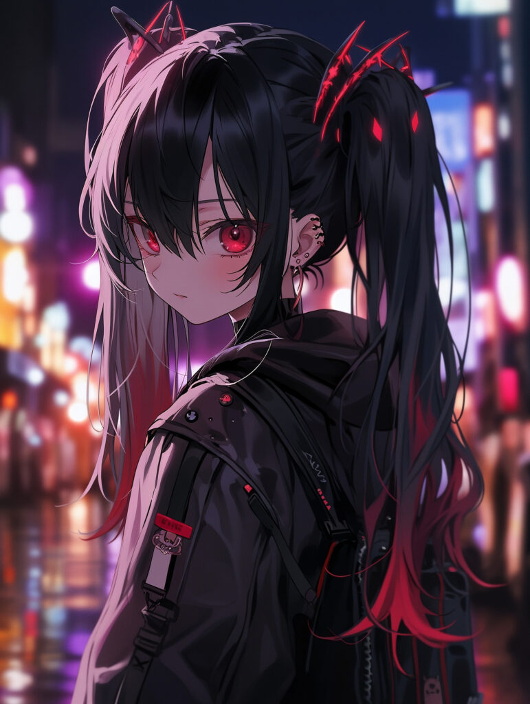Anime Girl with Red Eyes and Pigtails - Striking Urban Wallpaper
