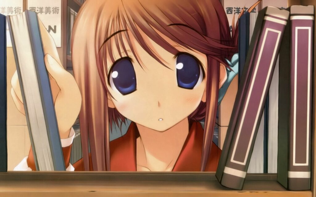 Anime Girl with Large Eyes in Cozy Library Wallpaper - Curiosity & Knowledge