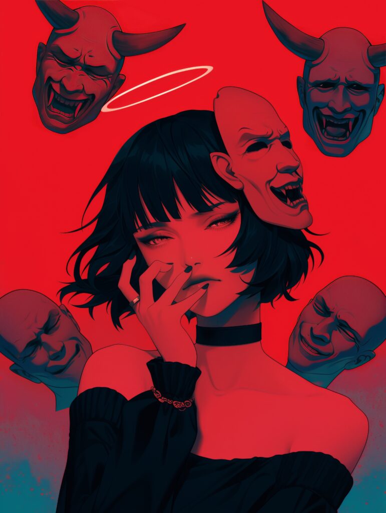 Anime Girl with Masks: Mysterious Red Wallpaper Art