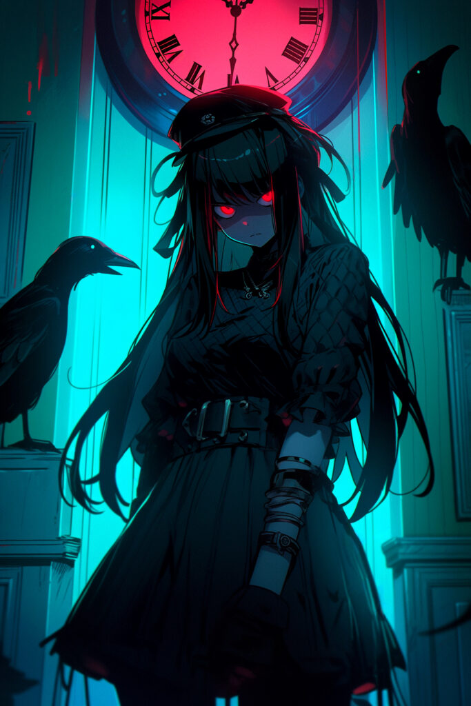 Anime Girl in Dark Setting with Birds and Dramatic Clock Wallpaper