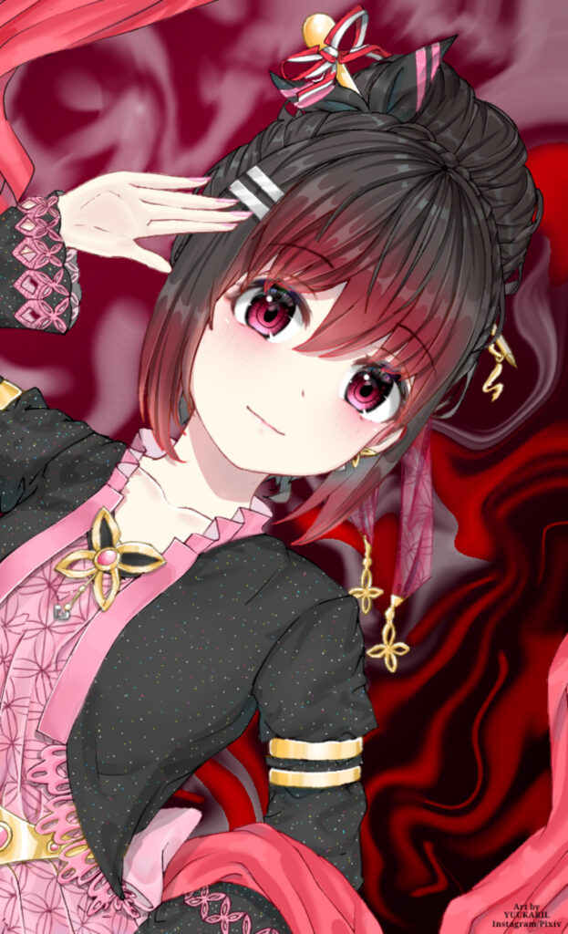 Vibrant Red and Pink Anime Girl Art with Intricate Jewelry Wallpaper